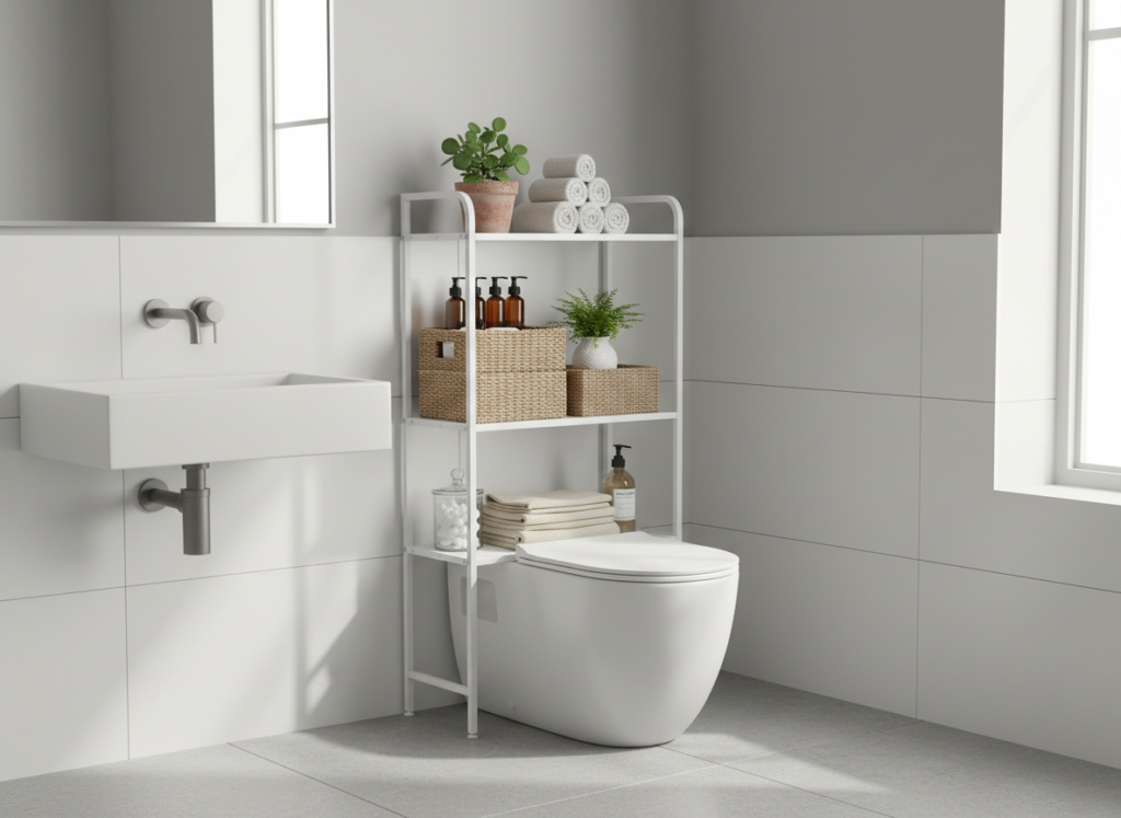 over-the-toilet shelving unit with organized bathroom items