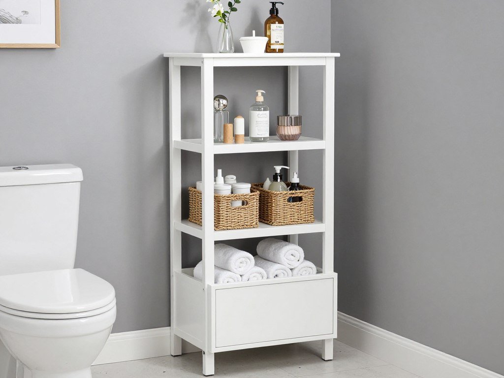 over the toilet storage unit with shelves and cabinet