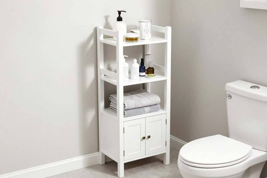 over toilet storage tower with shelves and cabinets