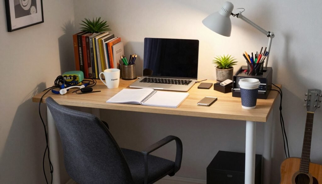overcrowded small desk showing common organization mistakes