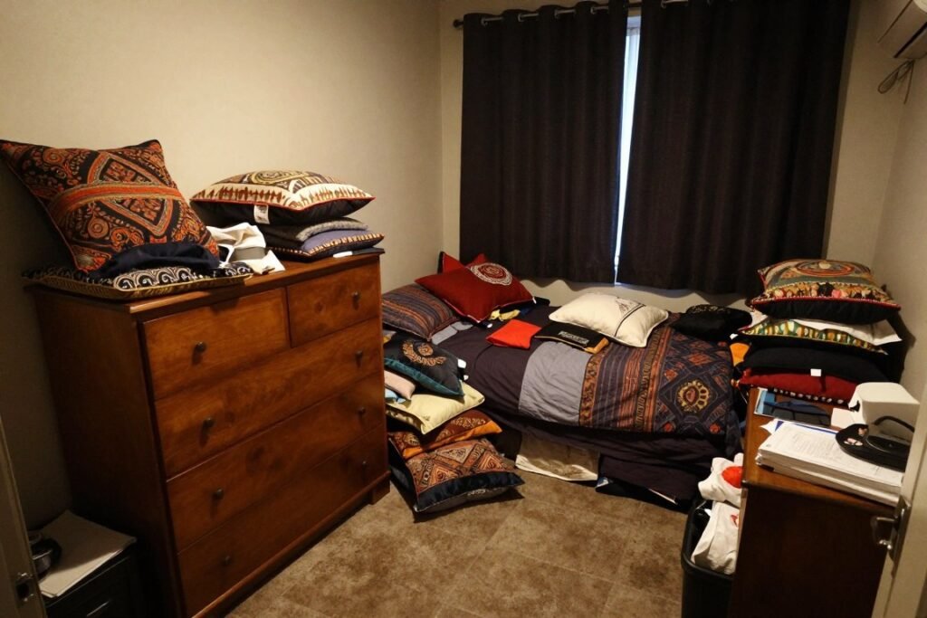 overcrowded small guest bedroom showing common design mistakes with too much furniture