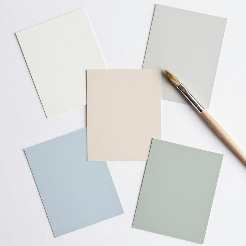 paint color swatches in soft neutral tones arranged for small guest bedroom selection