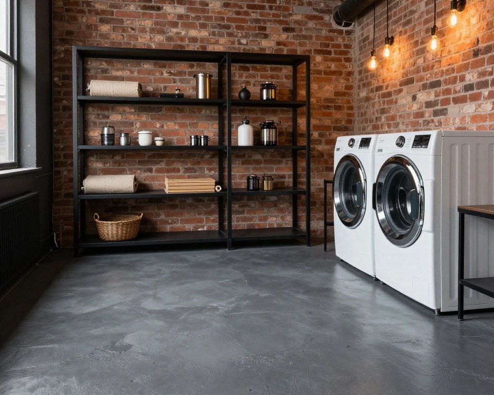 painted concrete floor in industrial laundry room