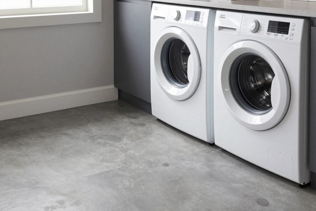 painted concrete floor in modern stackable washer dryer laundry room