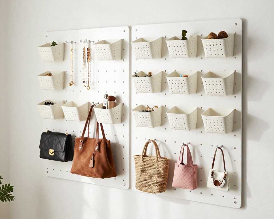 painted pegboard on bedroom wall creating customizable storage