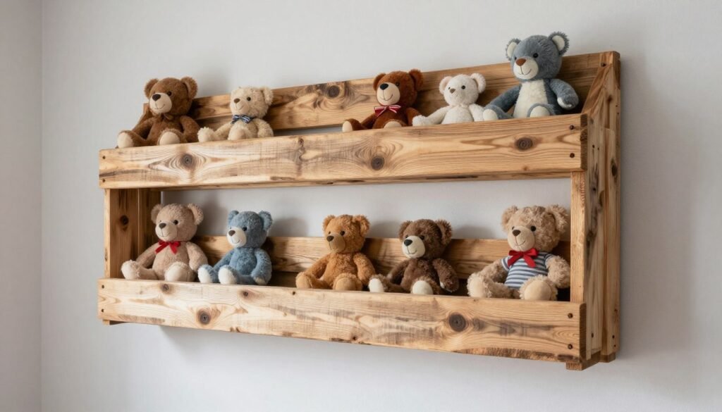 pallet wood shelf mounted on wall with stuffed animals