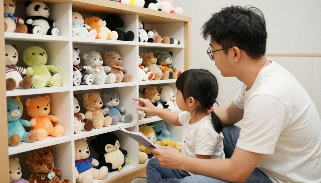 parent and child reviewing toy organization together