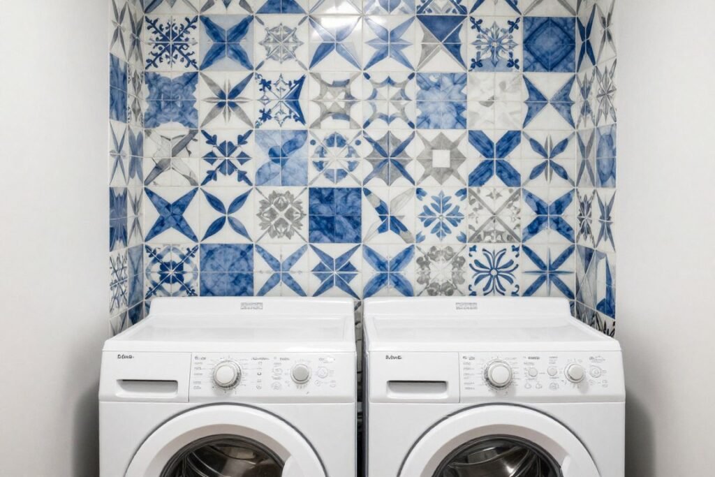 patterned cement tile backsplash in colorful laundry room