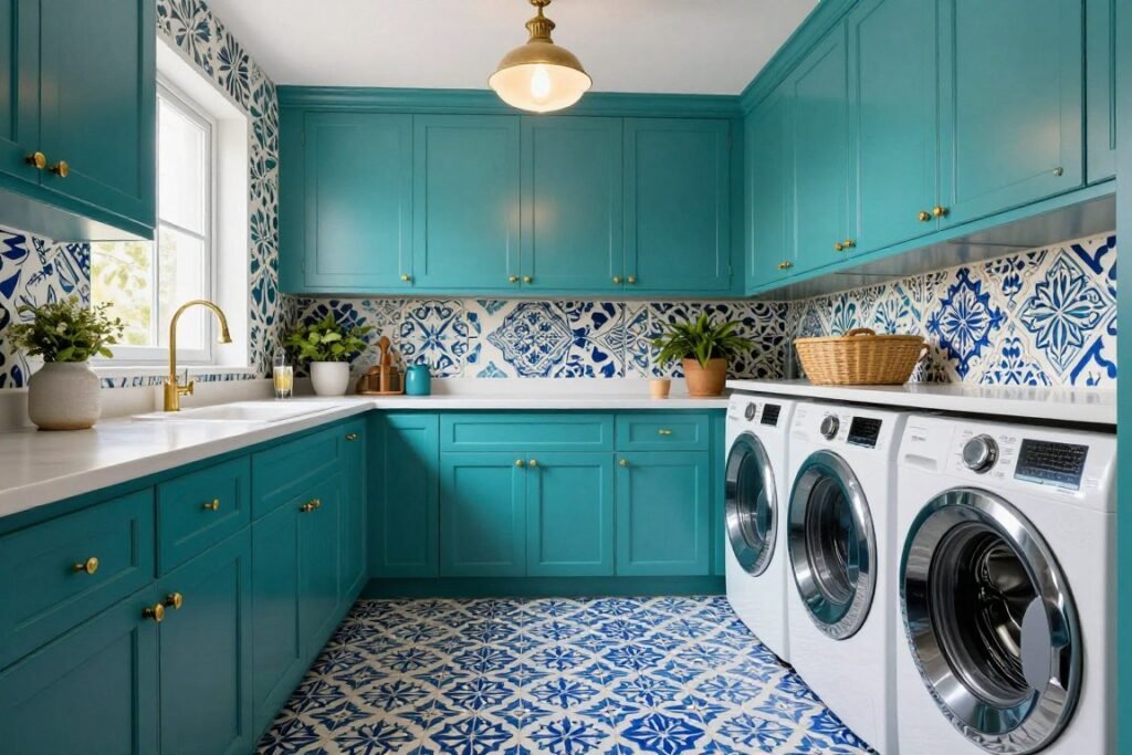patterned ceramic tile in colorful laundry space
