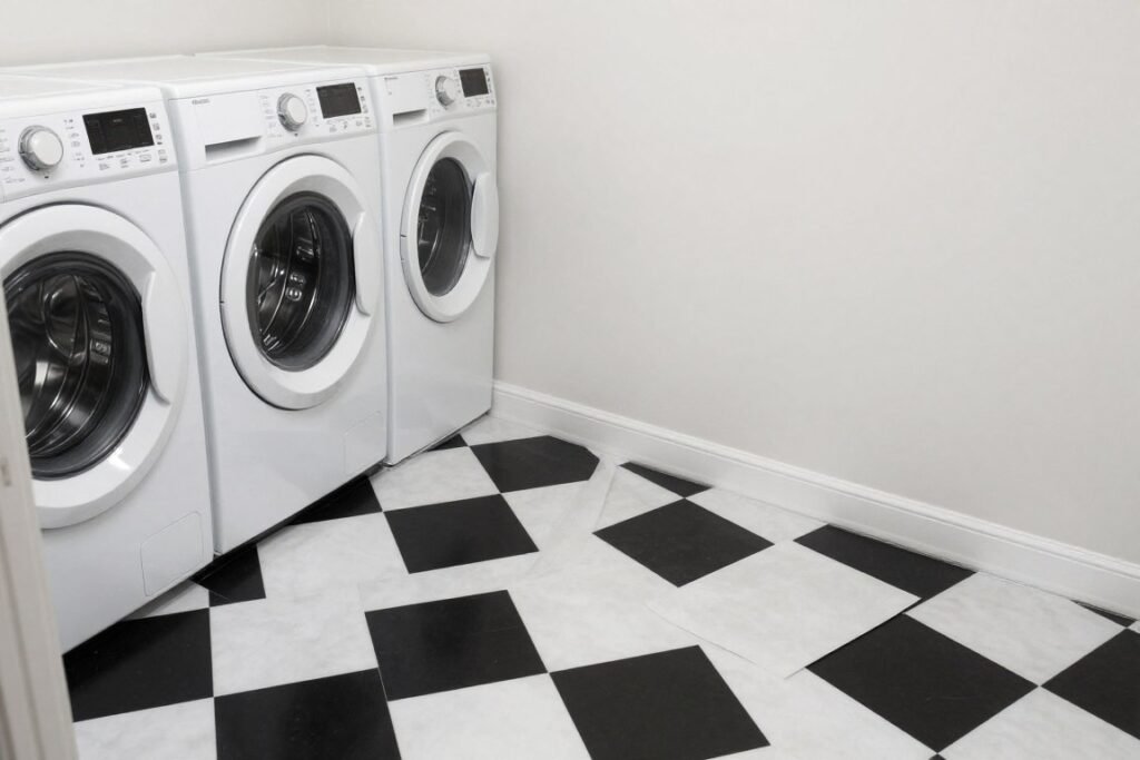 peel and stick vinyl tiles in rental laundry space