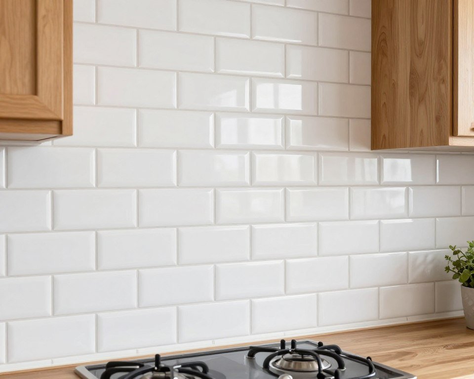 peel-and-stick white subway tile backsplash in small kitchen