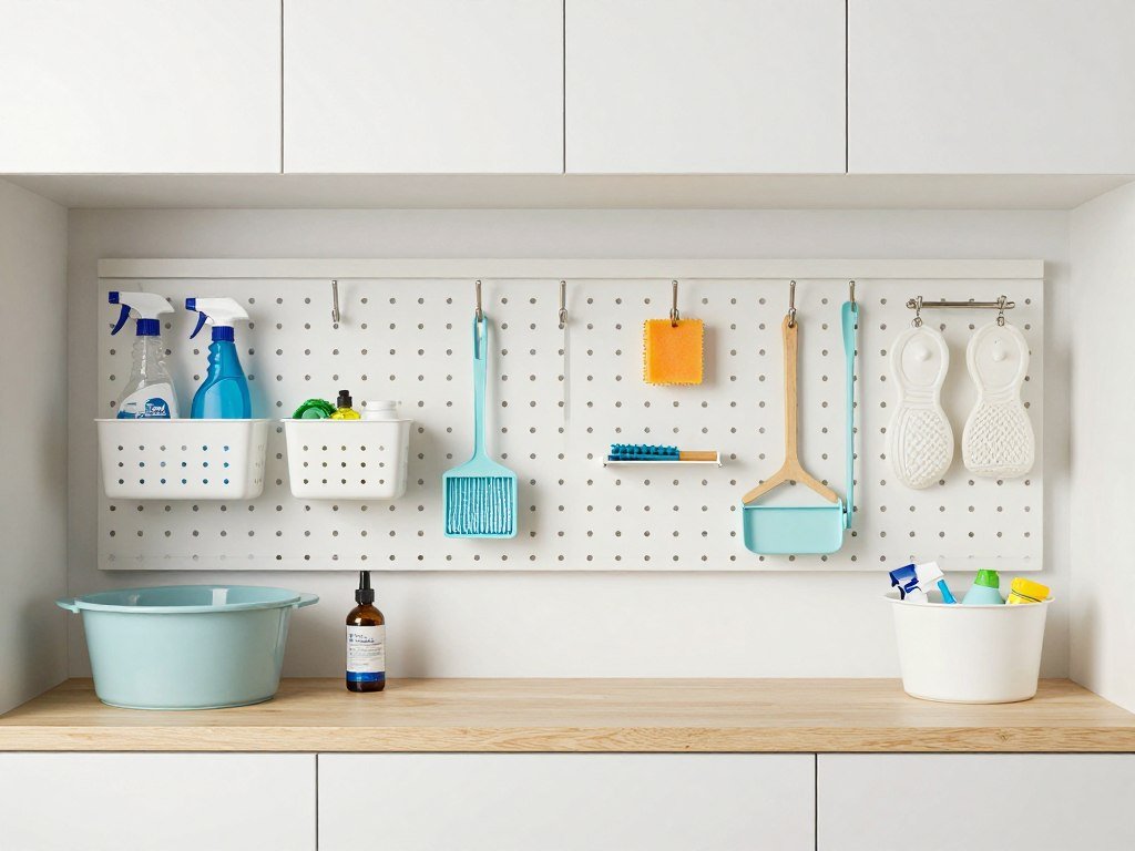 pegboard organization system in laundry room