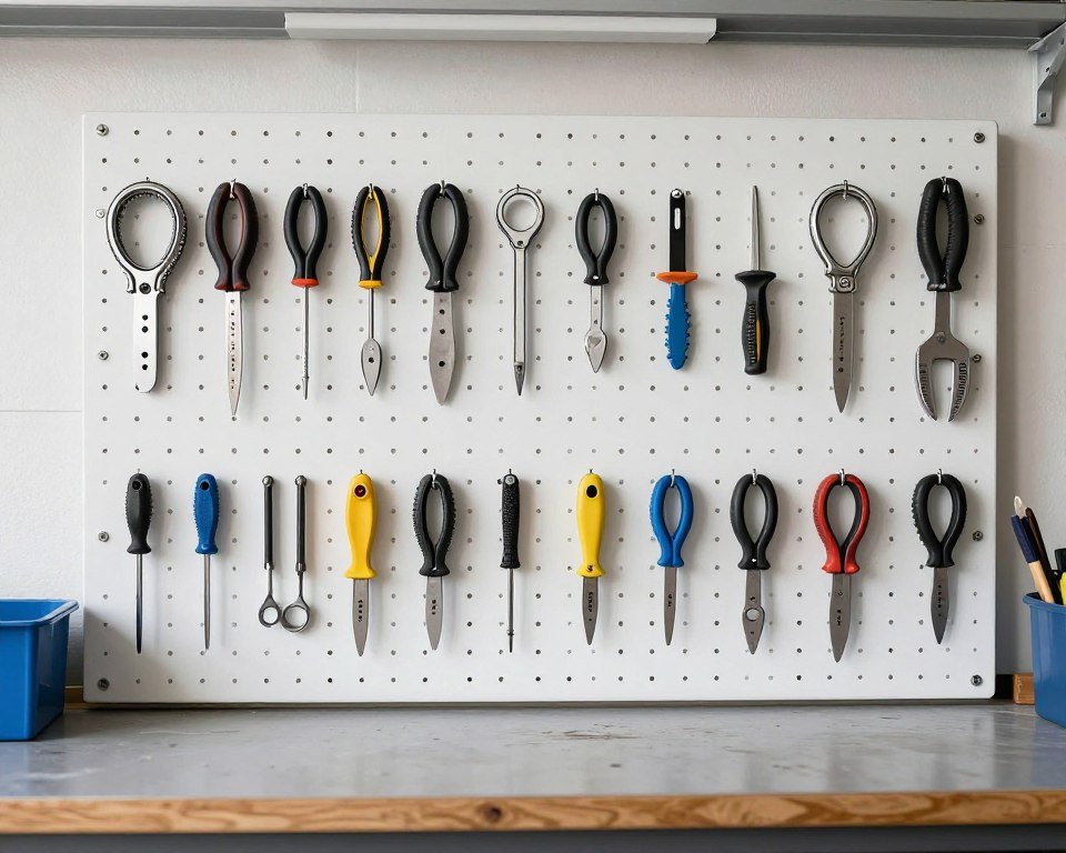 pegboard tool organization above workbench