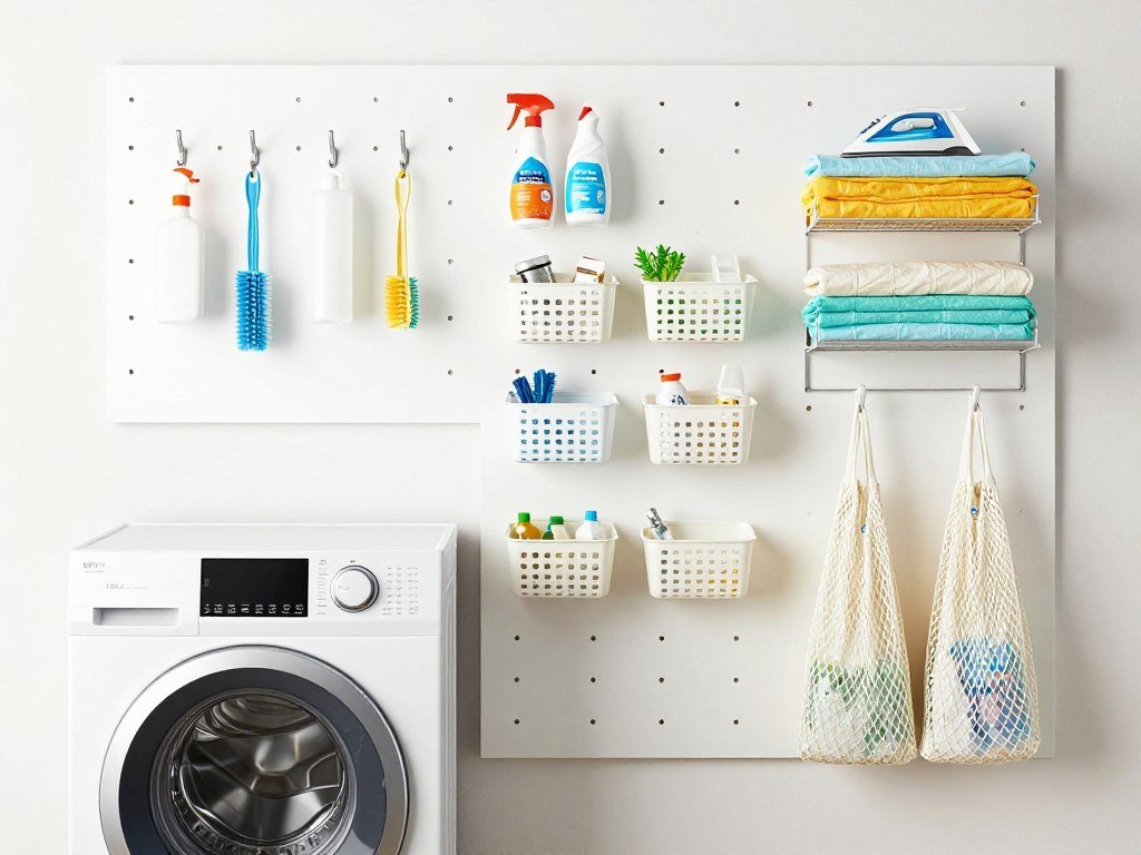 pegboard wall organization in laundry room with hanging tools and supplies