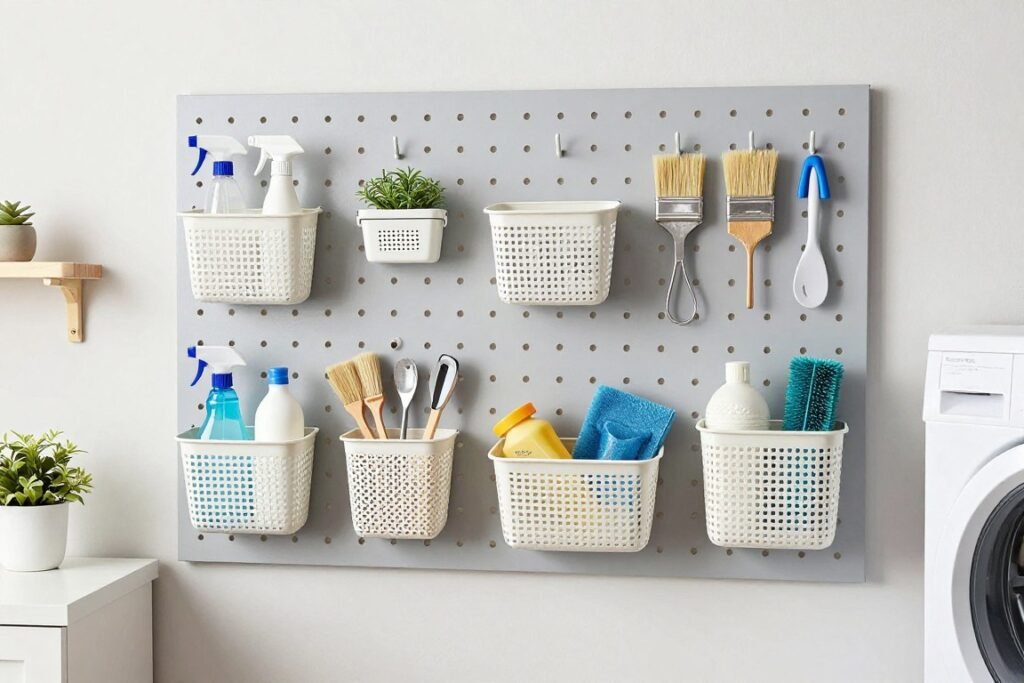 pegboard wall organization system with hooks holding cleaning supplies and tools pegboard wall organization system with hooks holding cleaning supplies and tools