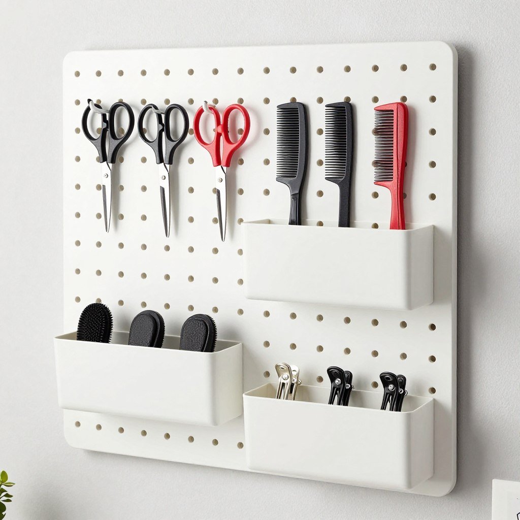 pegboard wall organizer with salon tools and accessories