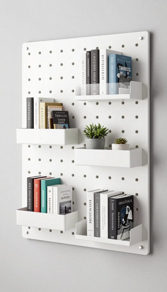 pegboard wall with books displayed on adjustable pegs and shelves