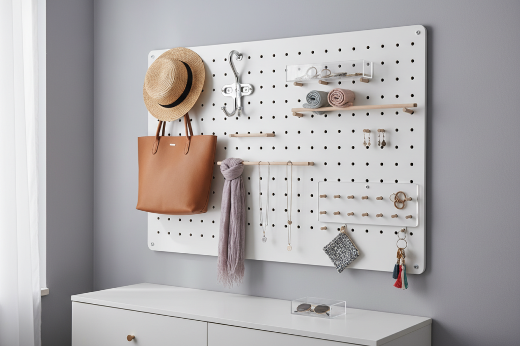 pegboard wall with hooks holding accessories and clothing items