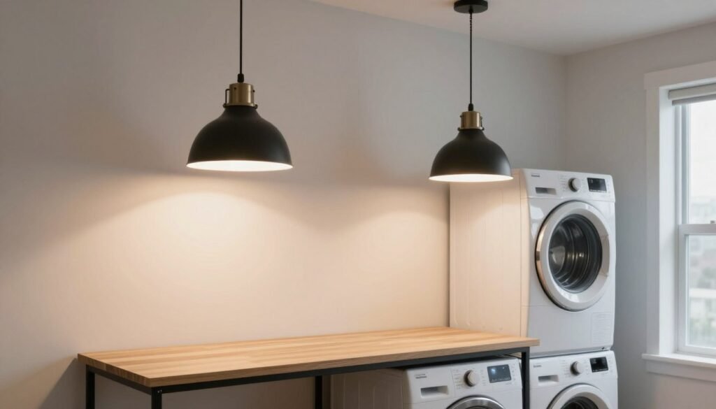 pendant lights hanging above laundry room counter and stacked washer dryer