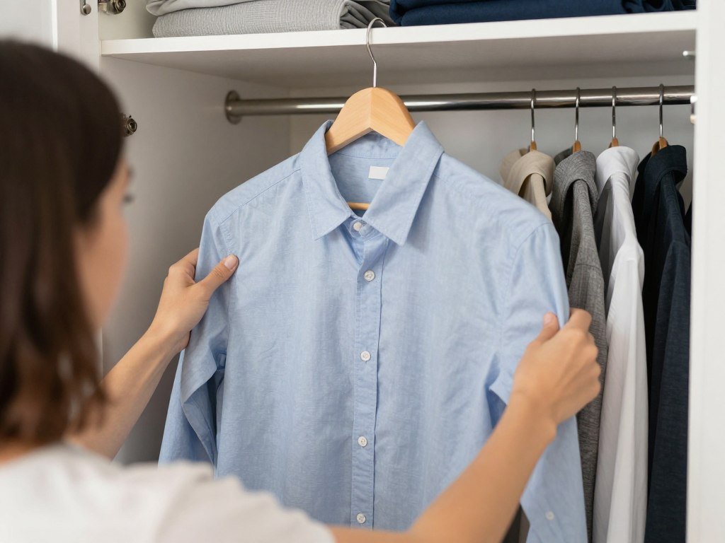 person implementing one-in-one-out rule while shopping for clothes