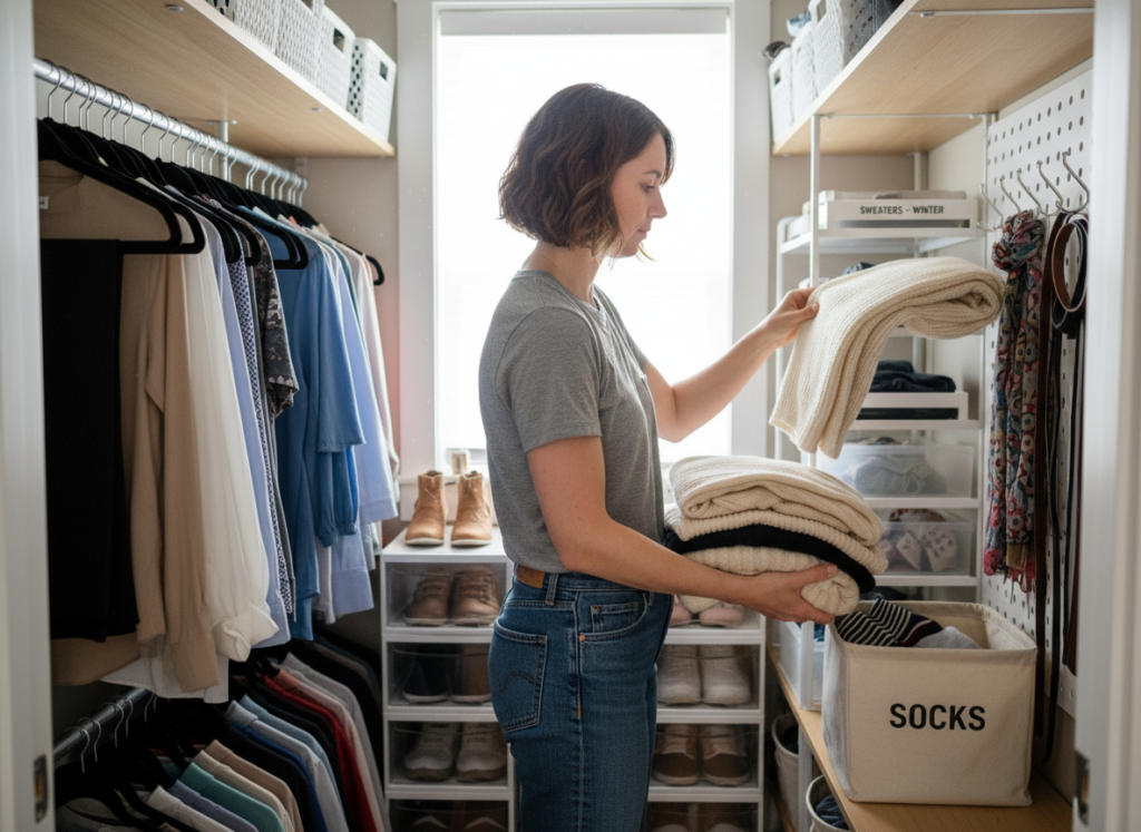 person maintaining organized closet system, putting clothes away properly