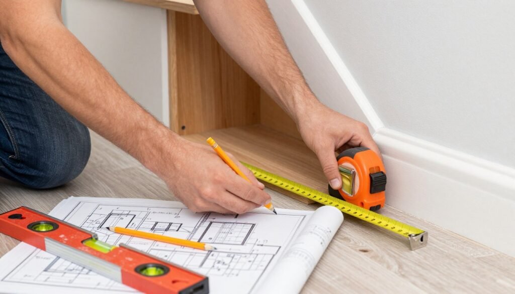 person measuring and planning under stairs storage construction