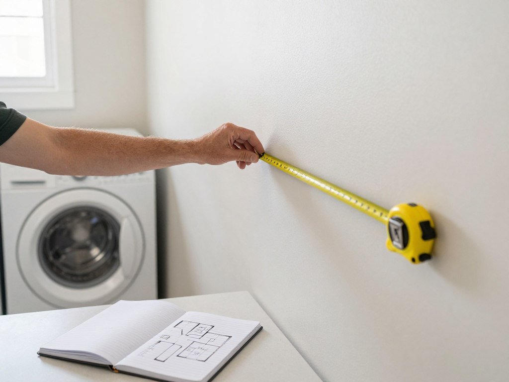 person measuring laundry room wall space with tape measure