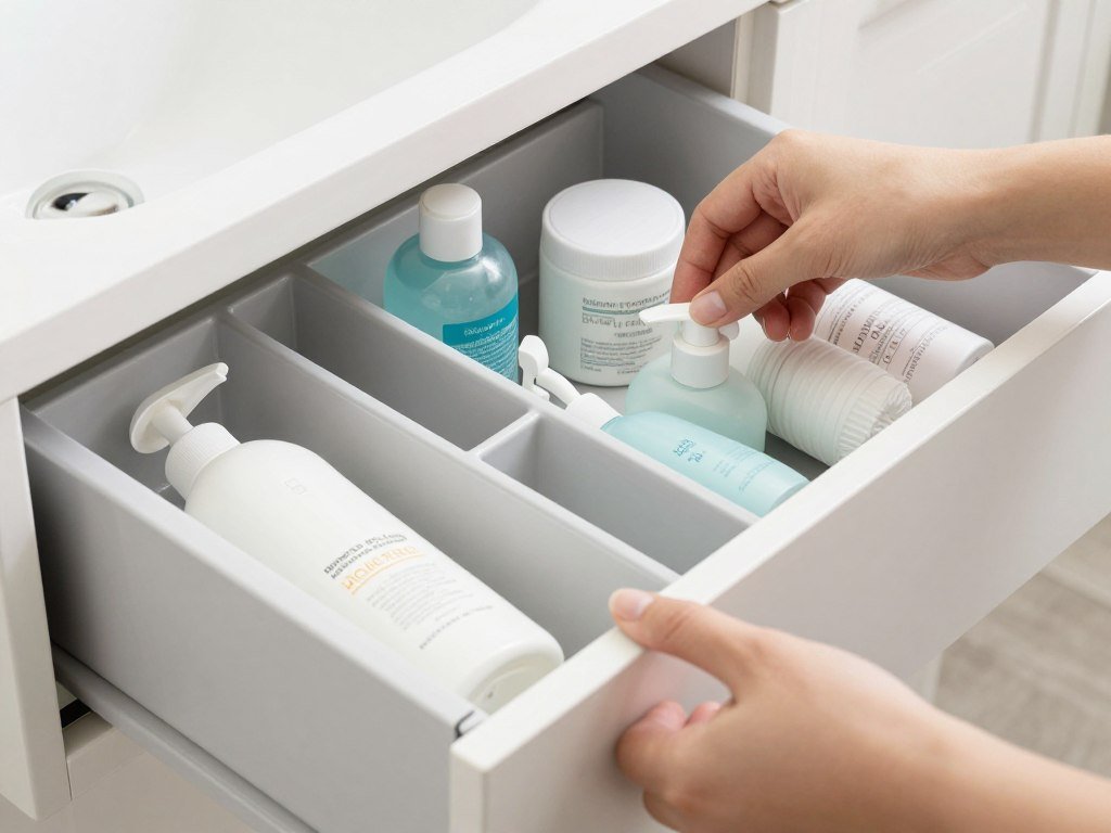 person organizing bathroom storage and maintaining systems