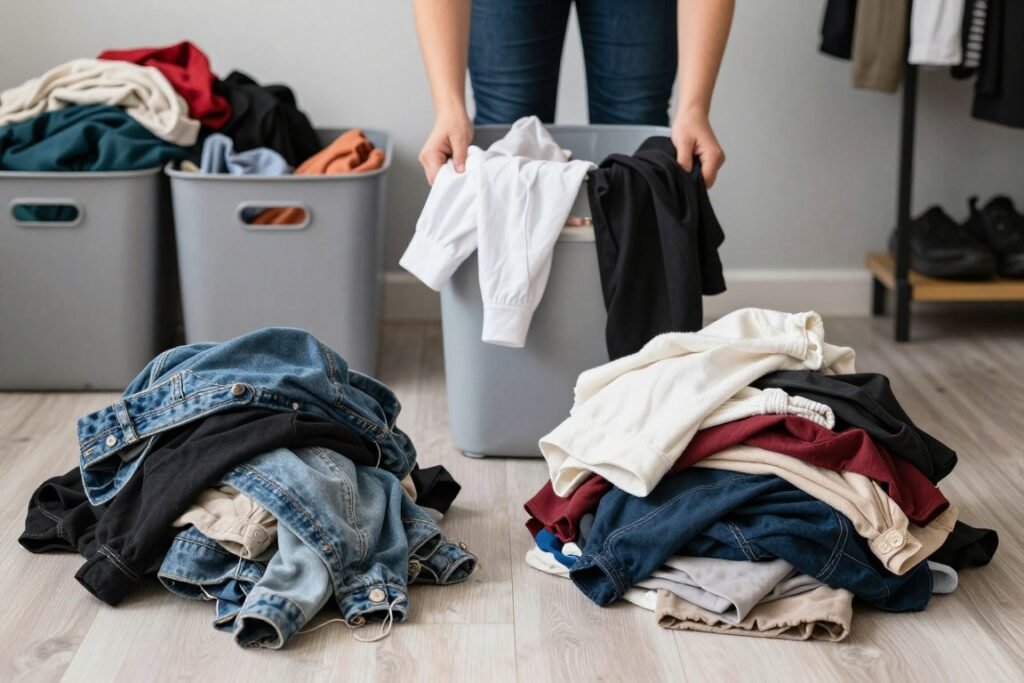 person organizing bedroom seasonal clothing during rotation period