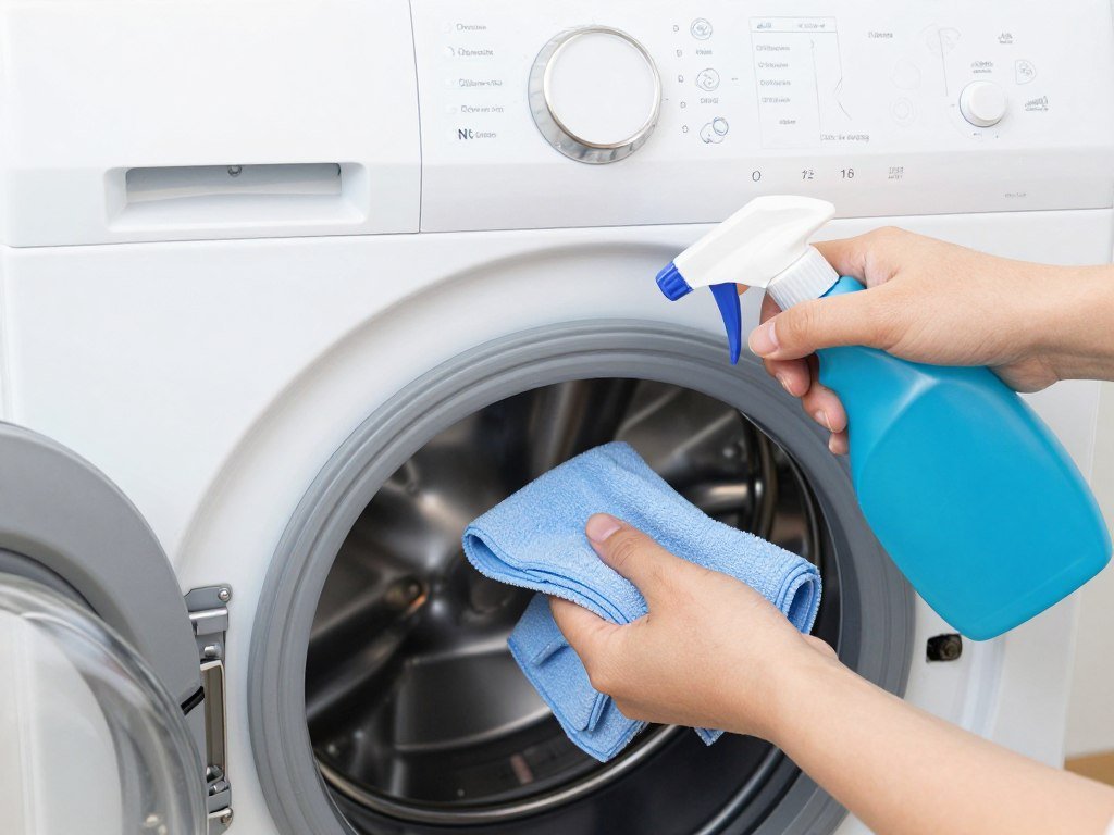 person performing maintenance on stackable washer dryer