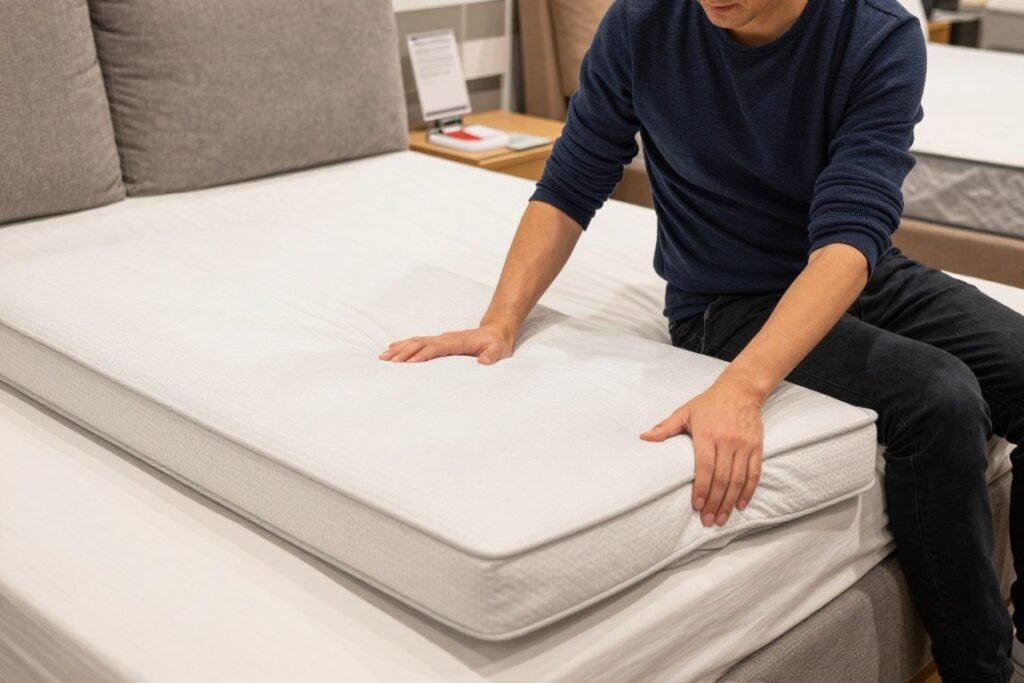 person sitting on sofa bed testing comfort
