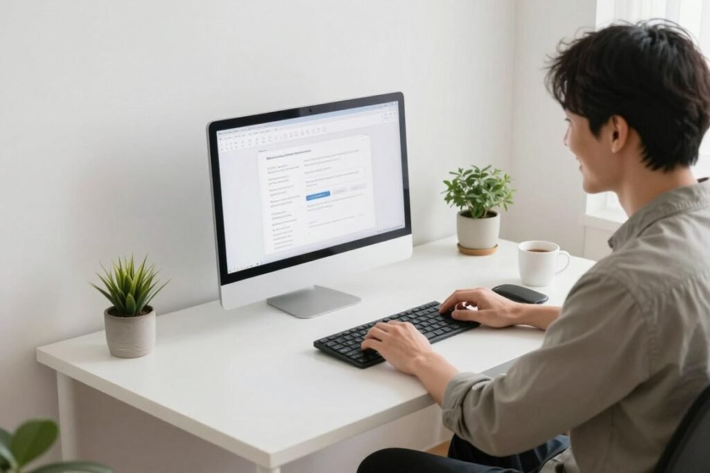 person working productively at well-organized small desk