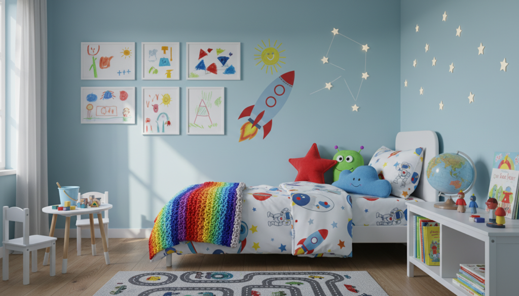 personalized small kids bedroom with artwork and decorations