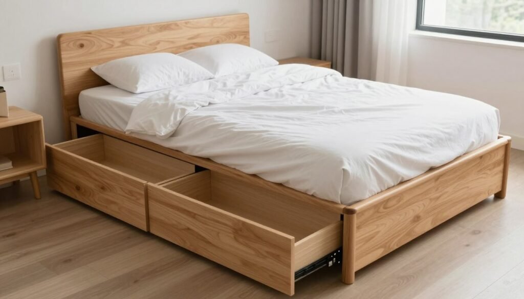 platform bed with built-in storage drawers in small bedroom