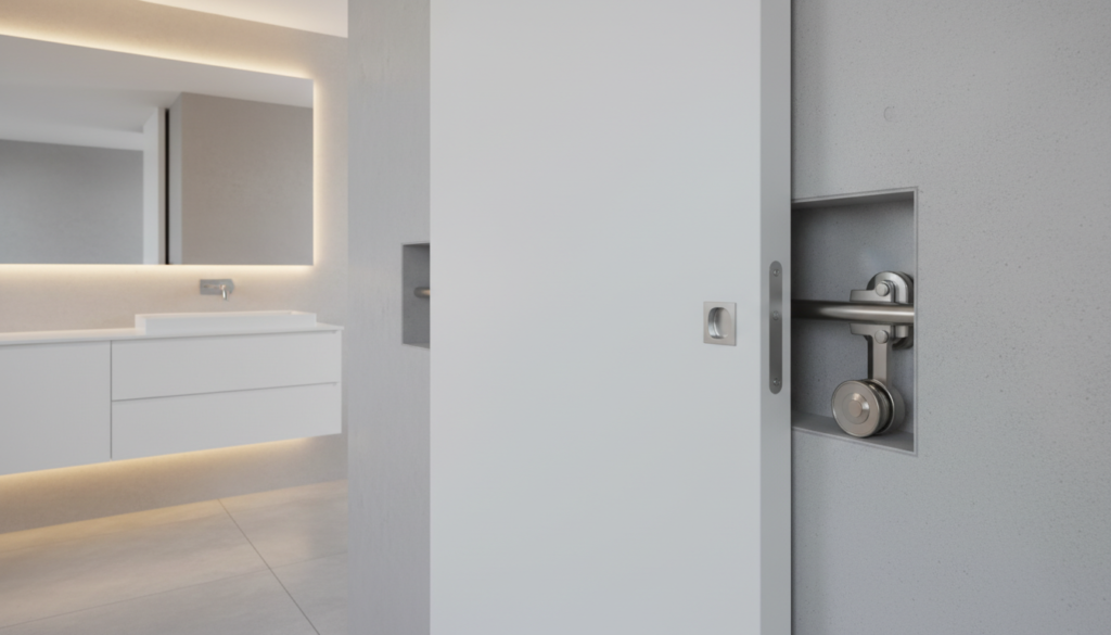 pocket door sliding into wall cavity in small bathroom
