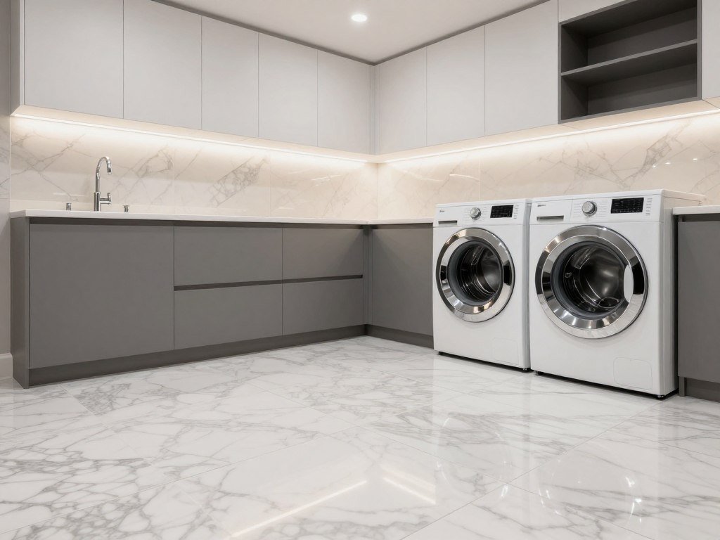 porcelain tile flooring in modern laundry room