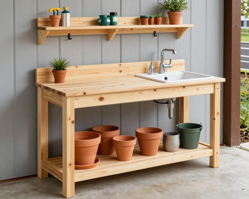 potting bench with storage shelves