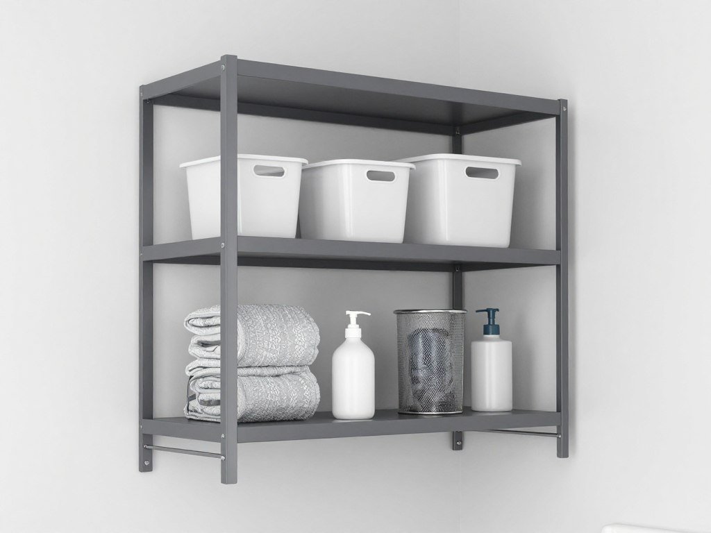 powder-coated metal shelving in modern laundry room