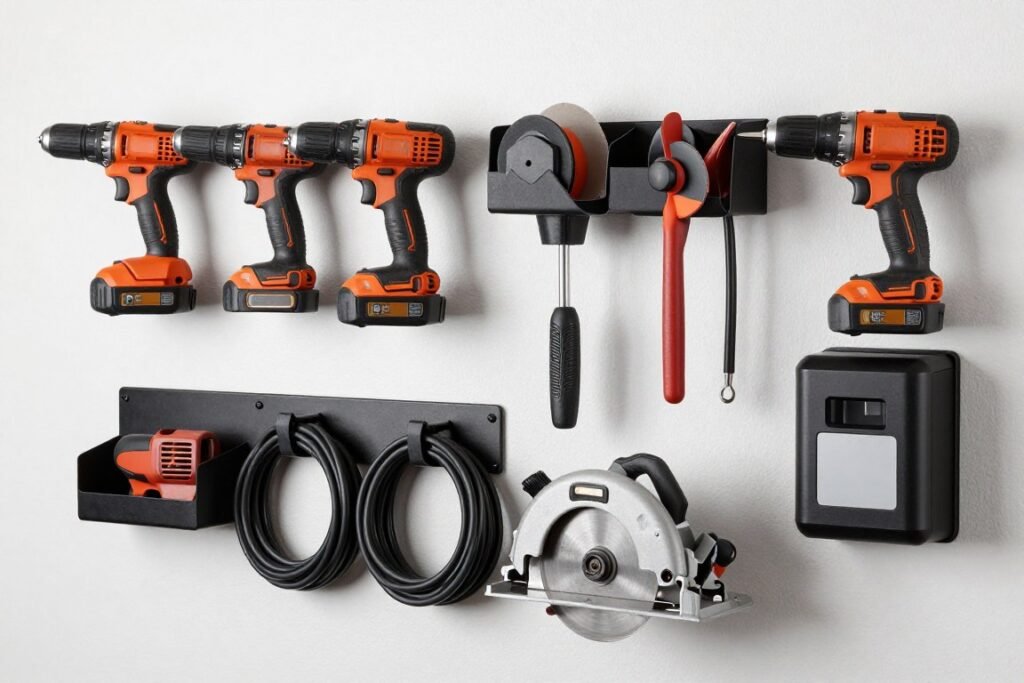 power tool storage on garage wall