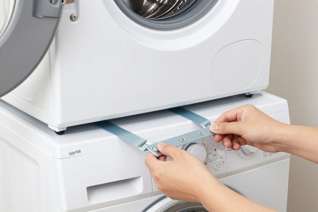 properly installed stacking kit securing washer and dryer units