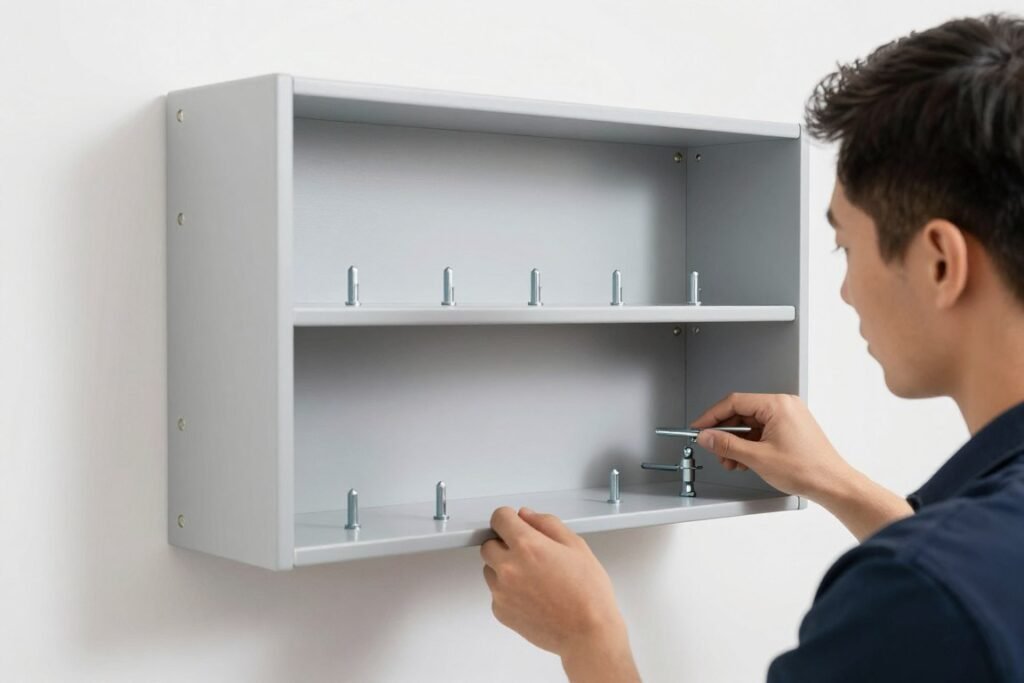 properly secured wall mounted storage with anchors visible
