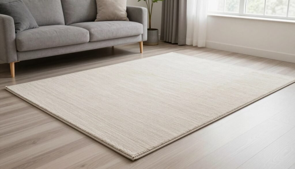 properly sized area rug in small living room with visible floor border