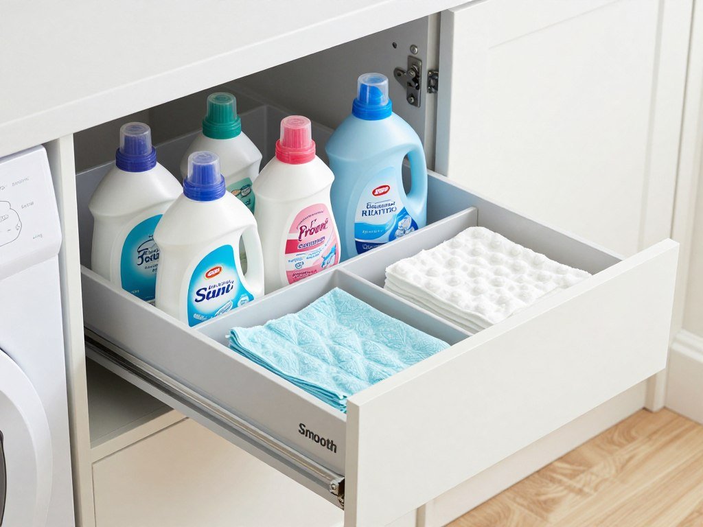 pull-out cabinet drawer with organized laundry supplies