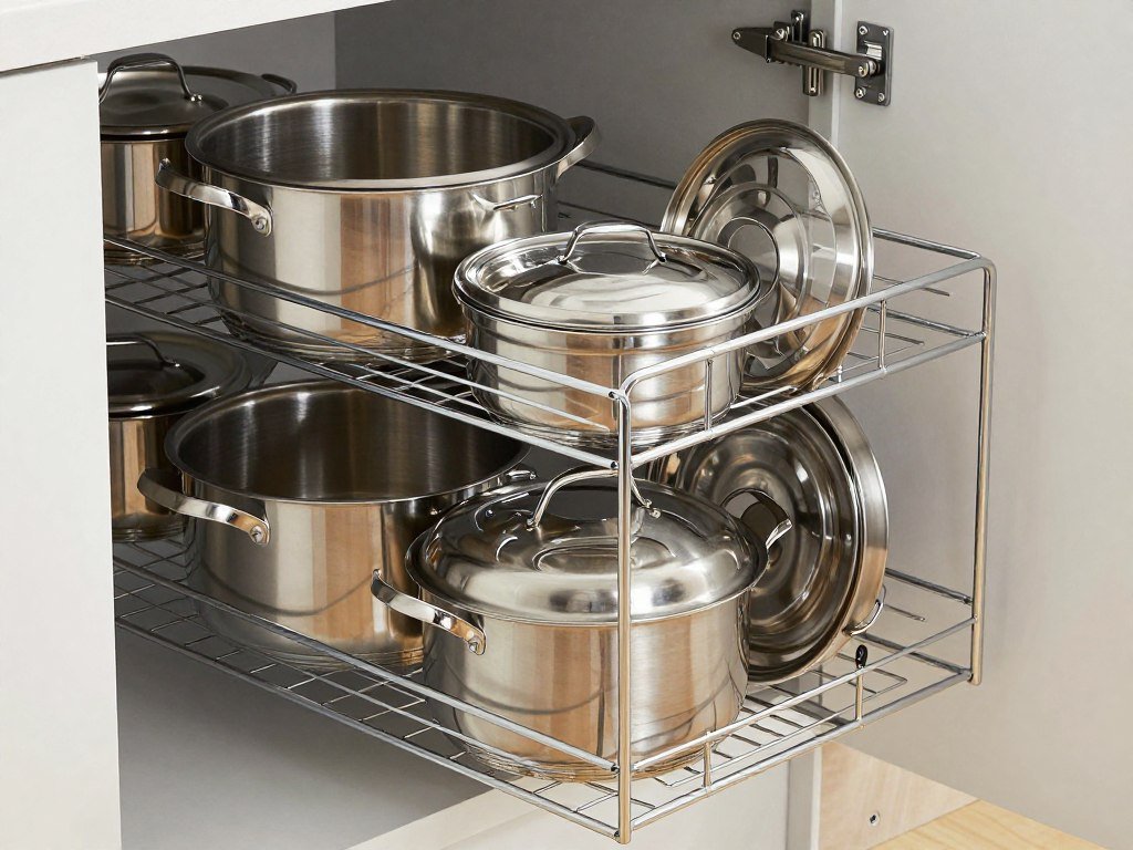 pull-out cabinet organizer with stacked pots and pans pull-out cabinet organizer with stacked pots and pans