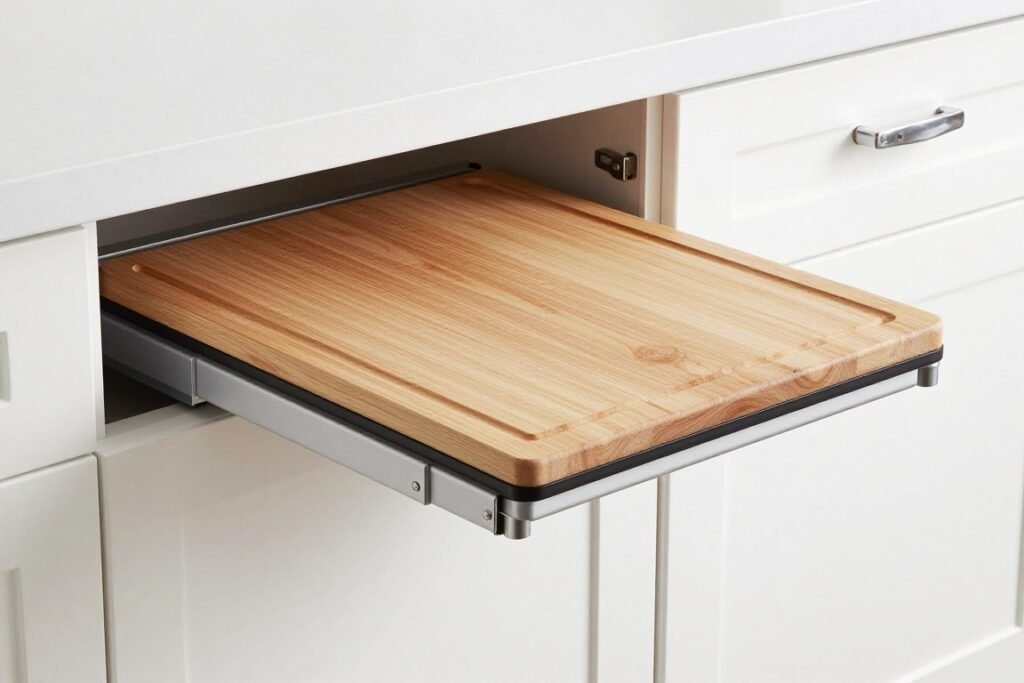 pull-out cutting board installed in kitchen cabinet pull-out cutting board installed in kitchen cabinet