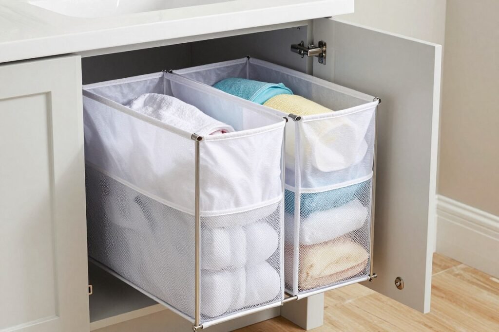 pull-out hampers in laundry room cabinets