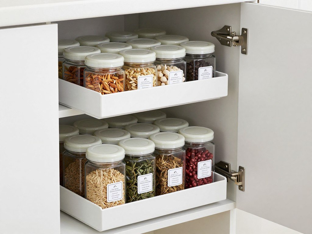 pull-out spice rack inside narrow kitchen cabinet