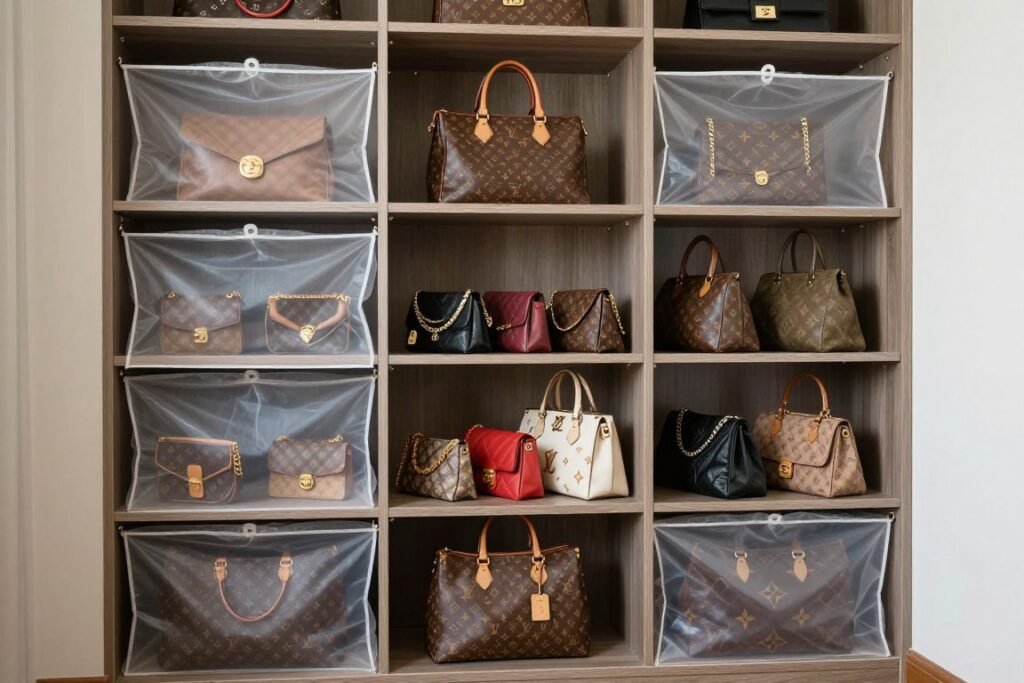purse storage shelf system maintaining bag shapes and organization