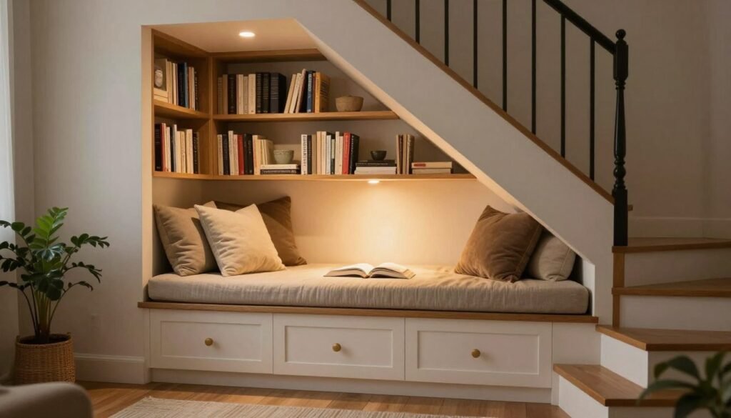 reading nook with built-in bench and storage under stairs