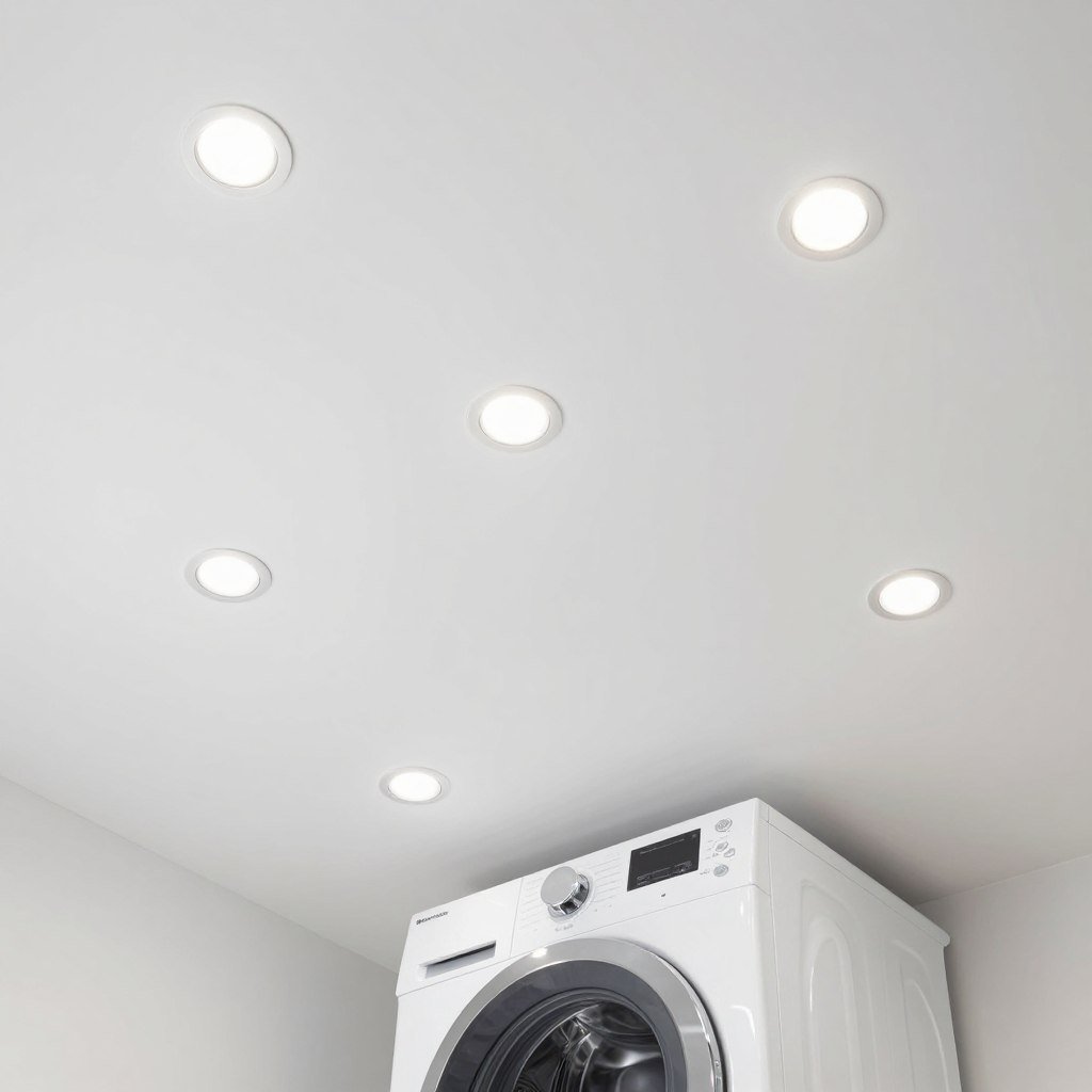 recessed lighting in stackable washer dryer laundry room ceiling